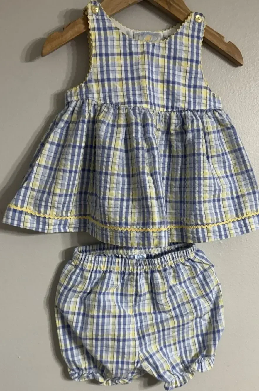 Welcome Home Baby Girl Dress Bloomers Set Size 3/6 Months Seersucker Sleeveless
